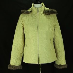 CAbi 362 Quilted Coat Yellow Green Faux Fur Trim